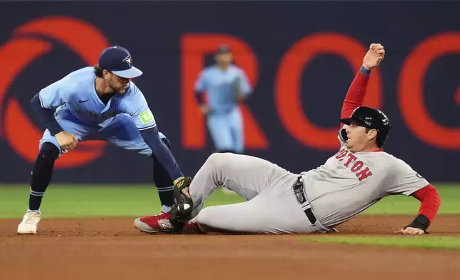 Toronto Blue Jays shortstop Ernie Clement (28) tags out Boston Red Sox's Triston Casas (36) at second base during the fourth inning of a baseball game in Toronto, Tuesday, Sept. 24, 2024. (Chris Young/The Canadian Press via AP)