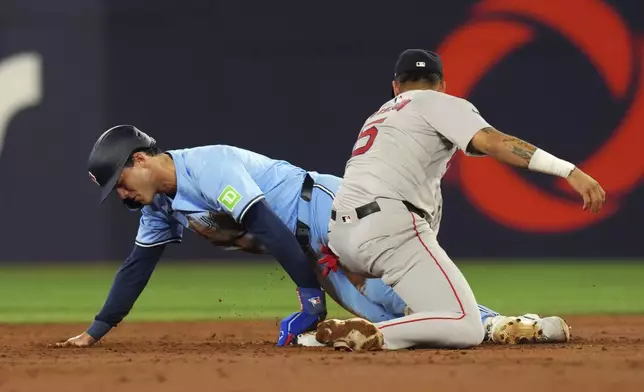 Toronto Blue Jays' Joey Loperfido, left, steals second base ahead of the tag from Boston Red Sox second baseman Vaughn Grissom (5) during the third inning of a baseball game in Toronto, Tuesday, Sept. 24, 2024. (Chris Young/The Canadian Press via AP)