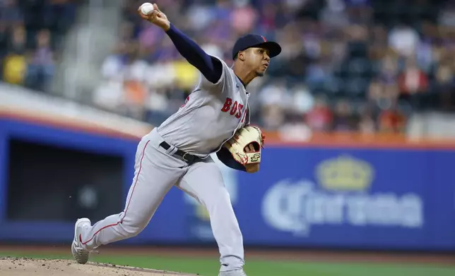 Boston Red Sox's Brayan Bello pitches against the New York Mets during the first inning of a baseball game, Monday, Sept. 2, 2024, in New York. (AP Photo/Noah K. Murray)