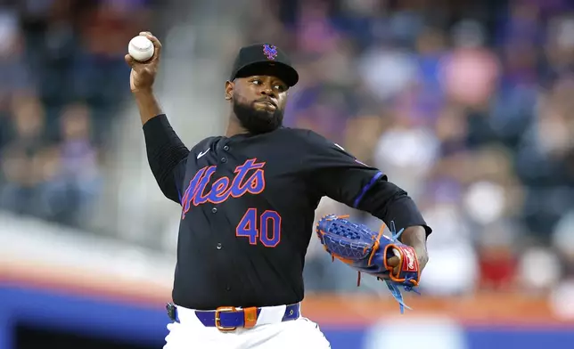 New York Mets' Luis Severino pitches against the Boston Red Sox during the first inning of a baseball game, Monday, Sept. 2, 2024, in New York. (AP Photo/Noah K. Murray)