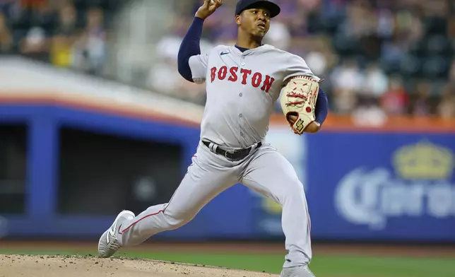 Boston Red Sox's Brayan Bello pitches against the New York Mets during the first inning of a baseball game, Monday, Sept. 2, 2024, in New York. (AP Photo/Noah K. Murray)