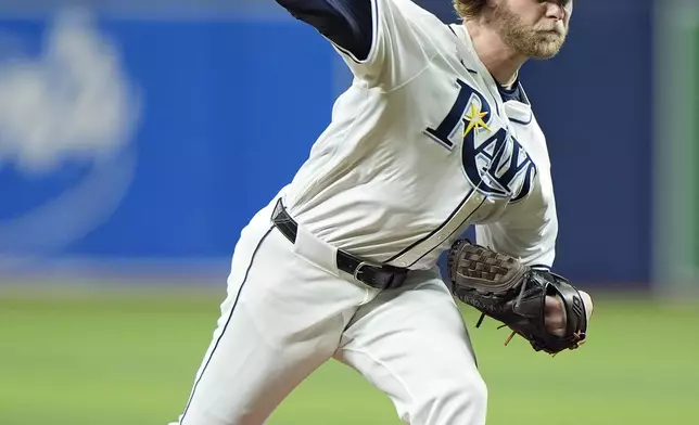 Tampa Bay Rays' Shane Baz pitches to the Boston Red Sox during the first inning of a baseball game Tuesday, Sept. 17, 2024, in St. Petersburg, Fla. (AP Photo/Chris O'Meara)