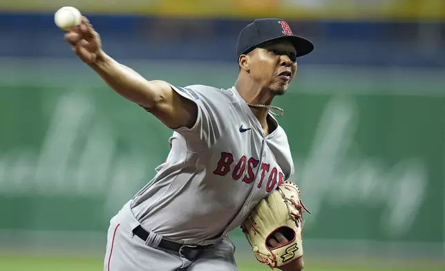 Boston Red Sox starting pitcher Brayan Bello delivers to the Tampa Bay Rays during the first inning of a baseball game Thursday, Sept. 19, 2024, in St. Petersburg, Fla. (AP Photo/Chris O'Meara)