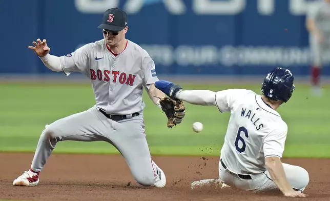 Tampa Bay Rays' Taylor Walls (6) steals second base as the throw gets away from Boston Red Sox second baseman Nick Sogard during the seventh inning of a baseball game Thursday, Sept. 19, 2024, in St. Petersburg, Fla. (AP Photo/Chris O'Meara)