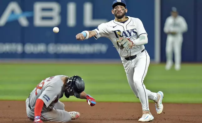 Tampa Bay Rays shortstop Jose Caballero forces Boston Red Sox's Wilyer Abreu (52) at second base ande relays the throw to first in time to turn a double play on Triston Casas during the fifth inning of a baseball game Tuesday, Sept. 17, 2024, in St. Petersburg, Fla. (AP Photo/Chris O'Meara)