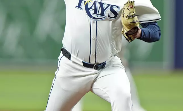 Tampa Bay Rays' Zack Littell pitches to the Boston Red Sox during the first inning of a baseball game Thursday, Sept. 19, 2024, in St. Petersburg, Fla. (AP Photo/Chris O'Meara)