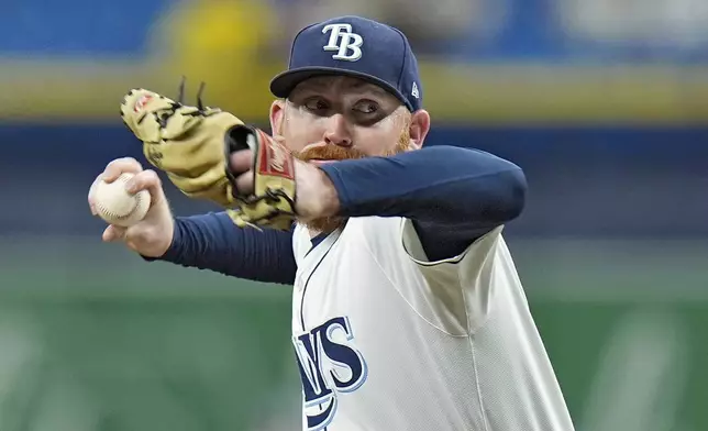 Tampa Bay Rays starting pitcher Zack Littell delivers to the Boston Red Sox during the first inning of a baseball game Thursday, Sept. 19, 2024, in St. Petersburg, Fla. (AP Photo/Chris O'Meara)