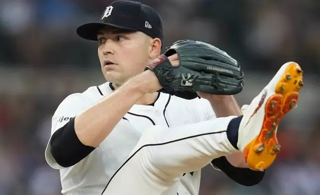 Detroit Tigers pitcher Tarik Skubal throws against the Boston Red Sox in the seventh inning of a baseball game, Saturday, Aug. 31, 2024, in Detroit. (AP Photo/Paul Sancya)