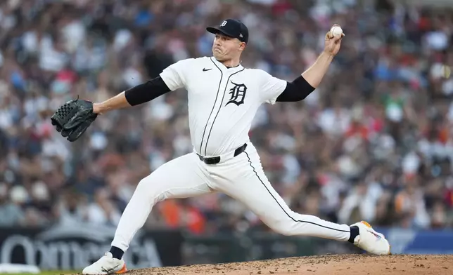 Detroit Tigers pitcher Tarik Skubal throws against the Boston Red Sox in the sixth inning of a baseball game, Saturday, Aug. 31, 2024, in Detroit. (AP Photo/Paul Sancya)