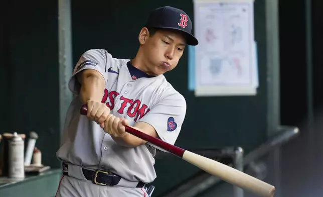 Boston Red Sox's Masataka Yoshida swings a bat in the dugout in the fifth inning of a baseball game against the Detroit Tigers, Saturday, Aug. 31, 2024, in Detroit. (AP Photo/Paul Sancya)