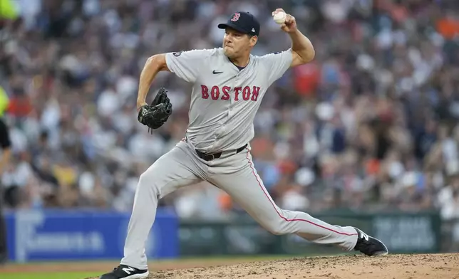 Boston Red Sox pitcher Rich Hill throws against the Detroit Tigers in the seventh inning of a baseball game, Saturday, Aug. 31, 2024, in Detroit. (AP Photo/Paul Sancya)