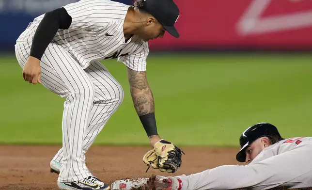 Boston Red Sox's Wilyer Abreu, right, slides safely into second base past New York Yankees second baseman Gleyber Torres during the fifth inning of a baseball game at Yankee Stadium Thursday, Sept. 12, 2024, in New York. (AP Photo/Seth Wenig)