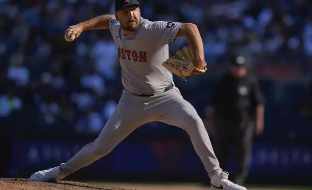 Boston Red Sox's Greg Weissert pitches during the ninth inning of a baseball game against the New York Yankees, Saturday, Sept. 14, 2024, in New York. The Red Sox won 7-1.(AP Photo/Frank Franklin II)