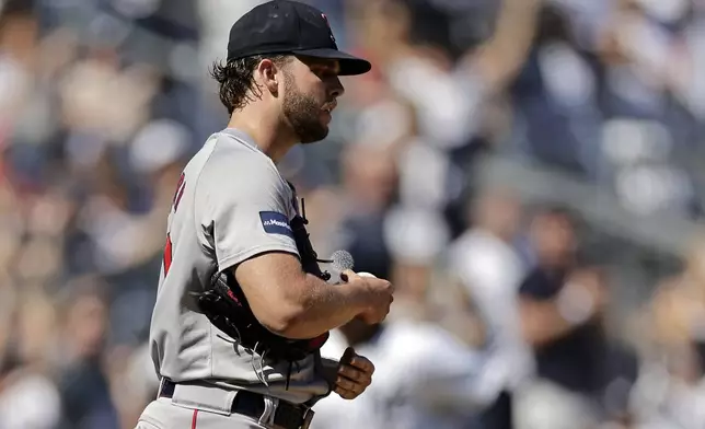 Boston Red Sox starting pitcher Kutter Crawford reacts after giving up a two-run home run to New York Yankees' Aaron Judge during the third inning of a baseball game Sunday, Sept. 15, 2024, in New York. (AP Photo/Adam Hunger)