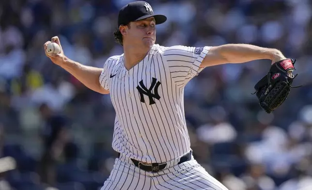 New York Yankees' Gerrit Cole throws during the third inning of a baseball game against the Boston Red Sox, Saturday, Sept. 14, 2024, in New York. (AP Photo/Frank Franklin II)