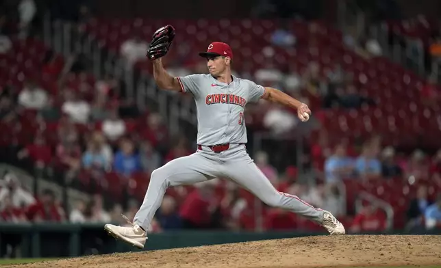 Cincinnati Reds relief pitcher Brent Suter throws during the eighth inning of a baseball game against the St. Louis Cardinals Tuesday, Sept. 10, 2024, in St. Louis. (AP Photo/Jeff Roberson)