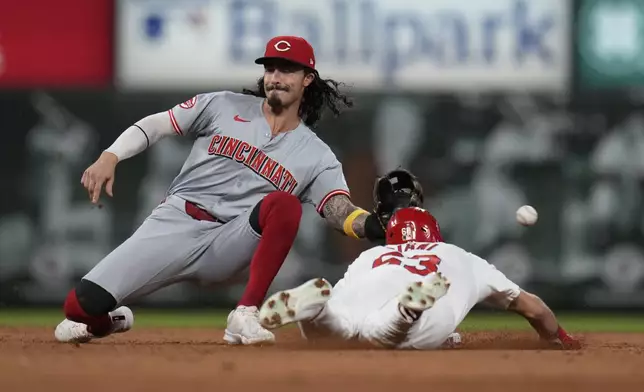 St. Louis Cardinals' Michael Siani, right, is safe at second for a stolen base as the throw gets past Cincinnati Reds second baseman Jonathan India during the eighth inning of a baseball game Wednesday, Sept. 11, 2024, in St. Louis. (AP Photo/Jeff Roberson)