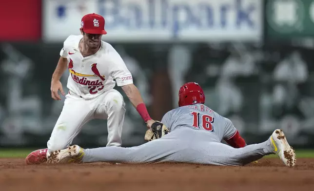 Cincinnati Reds' Noelvi Marte (16) is safe at second for a stolen base ahead of the tag from St. Louis Cardinals second baseman Thomas Saggese (25) during the third inning of a baseball game Wednesday, Sept. 11, 2024, in St. Louis. (AP Photo/Jeff Roberson)