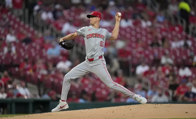 Cincinnati Reds starting pitcher Brandon Williamson throws during the first inning of a baseball game against the St. Louis Cardinals Wednesday, Sept. 11, 2024, in St. Louis. (AP Photo/Jeff Roberson)