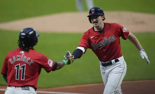 Cleveland Guardians' Kyle Manzardo, right, is congratulated by teammate Jose Ramirez (11) after his home run in the first inning of a baseball game against the Cincinnati Reds in Cleveland, Tuesday, Sept. 24, 2024. (AP Photo/Sue Ogrocki)