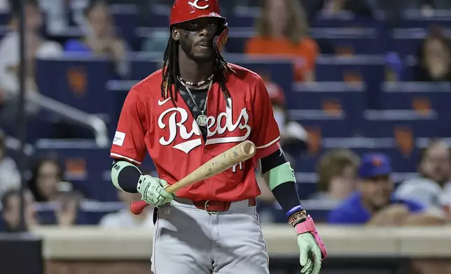 Cincinnati Reds' Elly De La Cruz reacts after being called out on strikes during the eighth inning of a baseball game against the New York Mets ,Saturday, Sept. 7, 2024, in New York. (AP Photo/Adam Hunger)