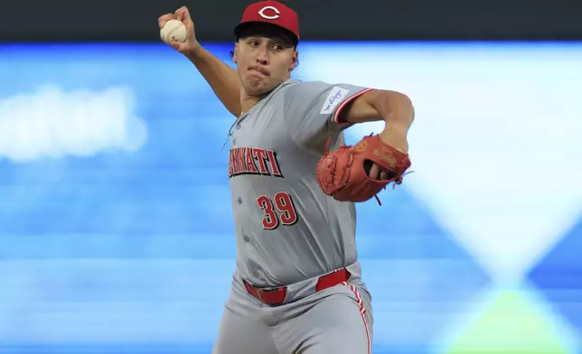 Cincinnati Reds starting pitcher Julian Aguiar delivers during the second inning of a baseball game against the Minnesota Twins, Friday, Sept. 13, 2024, in Minneapolis. (AP Photo/Nikolas Liepins)