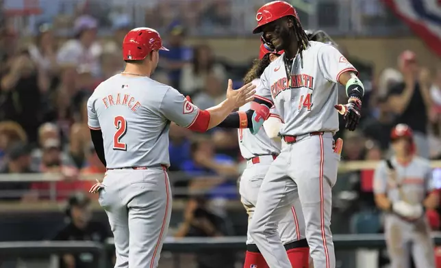 Cincinnati Reds Elly De La Cruz (44) celebrates with Cincinnati Reds teammate Ty France (2) after hitting a grand slam during the seventh inning of a baseball game against the Minnesota Twins, Friday, Sept. 13, 2024, in Minneapolis. (AP Photo/Nikolas Liepins)