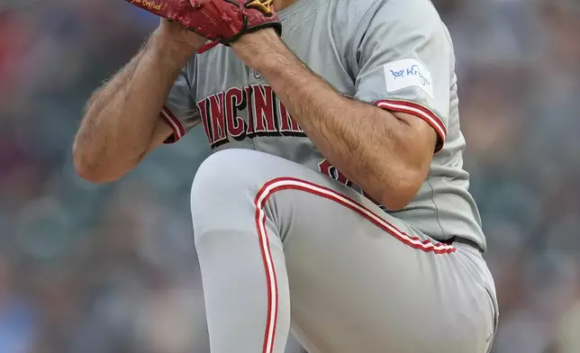 Cincinnati Reds starting pitcher Nick Martinez winds up to deliver during the first inning of a baseball game against the Minnesota Twins, Saturday, Sept. 14, 2024, in Minneapolis. (AP Photo/Abbie Parr)