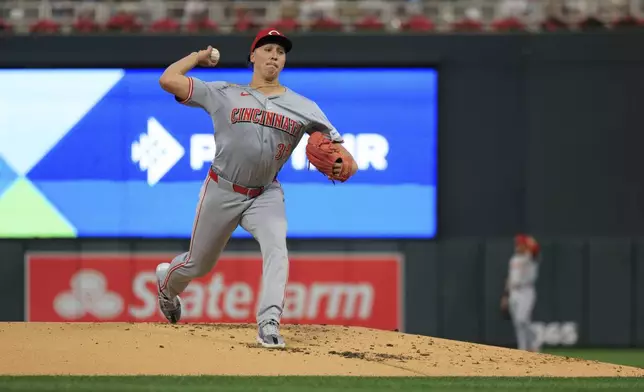 Cincinnati Reds starting pitcher Julian Aguiar delivers during the second inning of a baseball game against the Minnesota Twins, Friday, Sept. 13, 2024, in Minneapolis. (AP Photo/Nikolas Liepins)