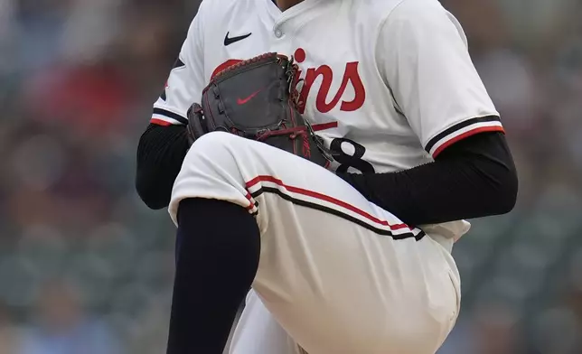 Minnesota Twins starting pitcher Simeon Woods Richardson winds up to deliver during the first inning of a baseball game against the Cincinnati Reds, Saturday, Sept. 14, 2024, in Minneapolis. (AP Photo/Abbie Parr)