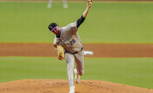 Colorado Rockies pitcher Austin Gomber throws in the first inning of a baseball game against the Atlanta Braves, Thursday, Sept. 5, 2024, in Atlanta. (AP Photo/Jason Allen)