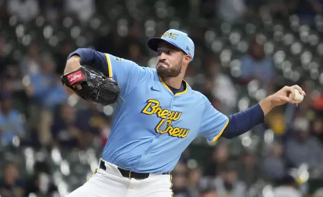 Milwaukee Brewers pitcher Aaron Ashby throws during the eighth inning of a baseball game against the Colorado Rockies, Friday, Sept. 6, 2024, in Milwaukee. (AP Photo/Kayla Wolf)