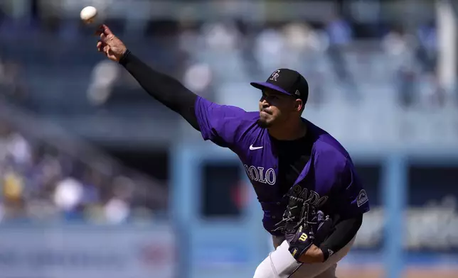 Colorado Rockies starting pitcher Antonio Senzatela throws to the plate during the second inning of a baseball game against the Los Angeles Dodgers, Sunday, Sept. 22, 2024, in Los Angeles. (AP Photo/Mark J. Terrill)