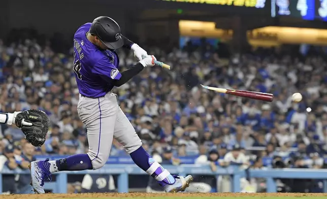 Colorado Rockies' Ezequiel Tovar breaks his bat as he hits into a double play during the seventh inning of a baseball game against the Los Angeles Dodgers, Saturday, Sept. 21, 2024, in Los Angeles. (AP Photo/Mark J. Terrill)