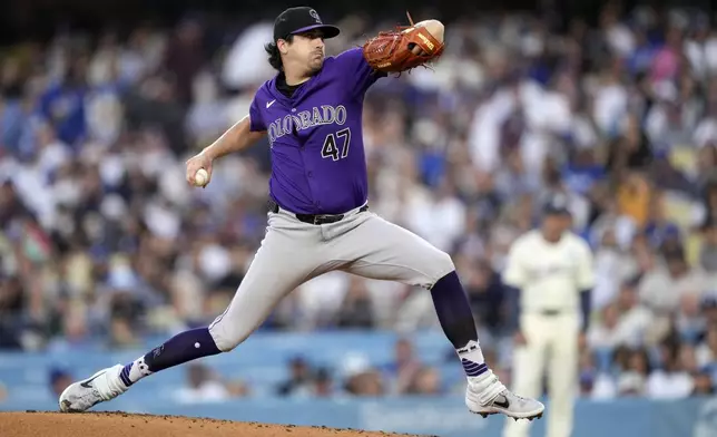 Colorado Rockies starting pitcher Cal Quantrill throws to the plate during the first inning of a baseball game against the Los Angeles Dodgers, Saturday, Sept. 21, 2024, in Los Angeles. (AP Photo/Mark J. Terrill)