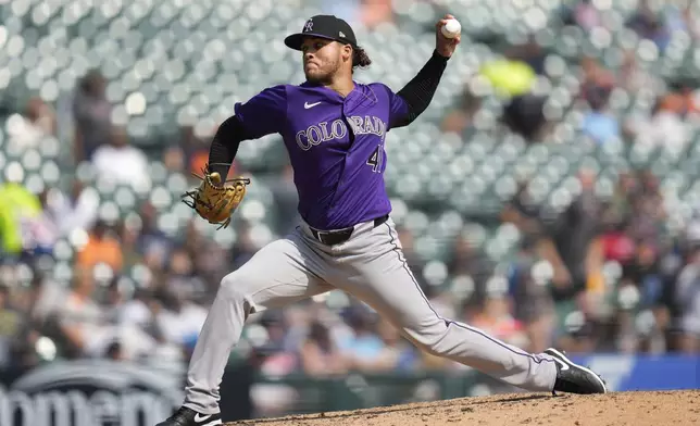 Colorado Rockies pitcher Luis Peralta throws against the Detroit Tigers in the sixth inning of a baseball game, Thursday, Sept. 12, 2024, in Detroit. (AP Photo/Paul Sancya)