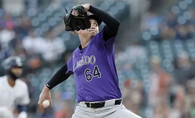 Colorado Rockies' Bradley Blalock (64) pitches against the Detroit Tigers during the first inning of a baseball game, Tuesday, Sept. 10, 2024, in Detroit. (AP Photo/Duane Burleson)