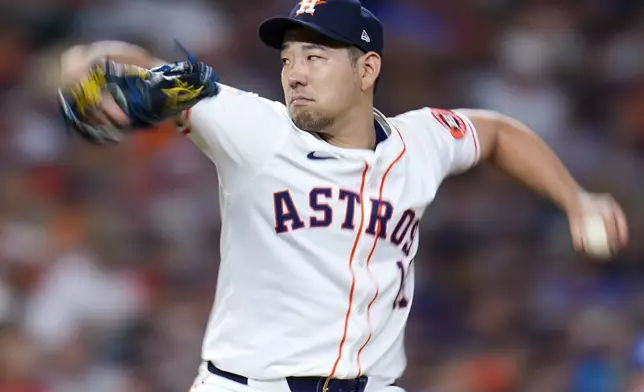 Houston Astros starting pitcher Yusei Kikuchi throws against the Kansas City Royals during the seventh inning of a baseball game Saturday, Aug. 31, 2024, in Houston. (AP Photo/Eric Christian Smith)