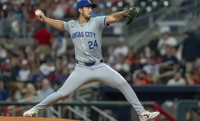 Kansas City Royals pitcher Michael Lorenzen throws in the fourth inning of a baseball game against the Atlanta Braves, Saturday, Sept. 28, 2024, in Atlanta. (AP Photo/Jason Allen)