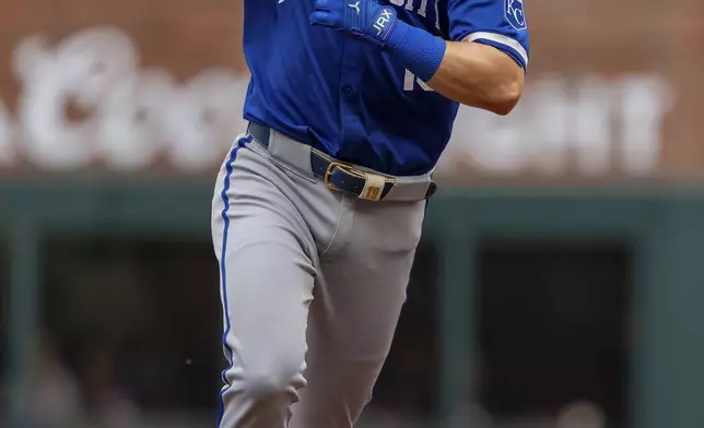 Kansas City Royals' Michael Massey rounds second base after hitting a two-run home run in the first inning of a baseball game against the Atlanta Braves, Sunday, Sept. 29, 2024, in Atlanta. (AP Photo/Jason Allen)