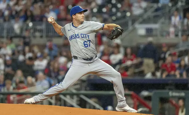 Kansas City Royals pitcher Seth Lugo throws in the first inning of a baseball game against the Atlanta Braves, Saturday, Sept. 28, 2024, in Atlanta. (AP Photo/Jason Allen)