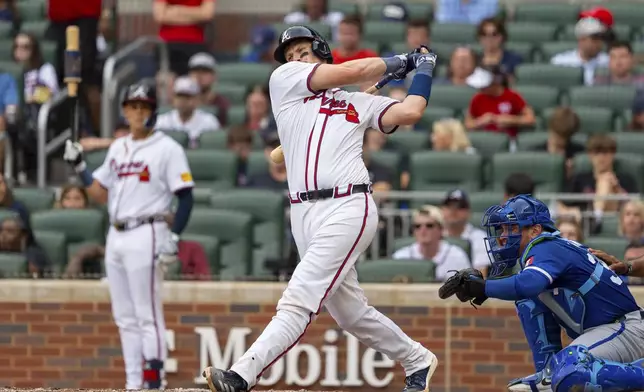 Atlanta Braves catcher Sean Murphy swings for a called strike in the fourth inning of a baseball game against the Kansas City Royals, Sunday, Sept. 29, 2024, in Atlanta. (AP Photo/Jason Allen)