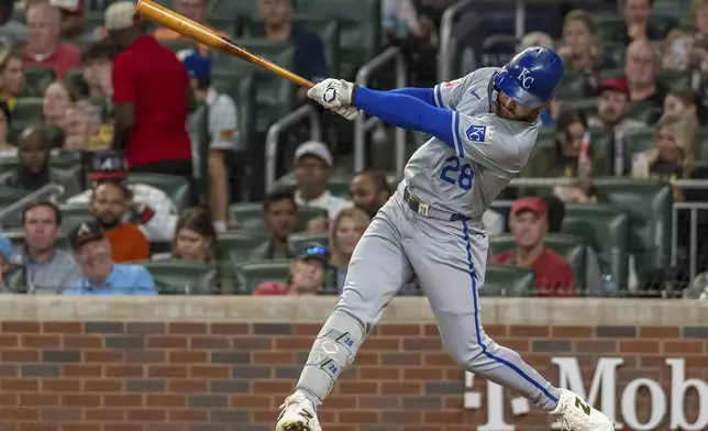 Kansas City Royals' Kyle Isbel swings for a called strike in the sixth inning of a baseball game against the Atlanta Braves, Friday, Sept. 27, 2024, in Atlanta. (AP Photo/Jason Allen)