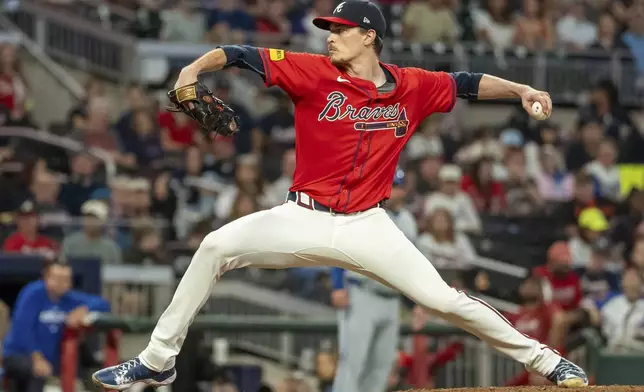 Atlanta Braves pitcher Max Fried throws in the fourth inning of a baseball game against the Kansas City Royals, Friday, Sept. 27, 2024, in Atlanta. (AP Photo/Jason Allen)