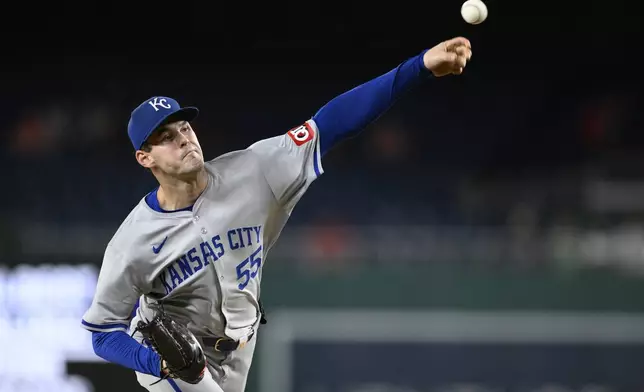 Kansas City Royals starting pitcher Cole Ragans throws during the first inning of a baseball game against the Washington Nationals, Tuesday, Sept. 24, 2024, in Washington. (AP Photo/Nick Wass)