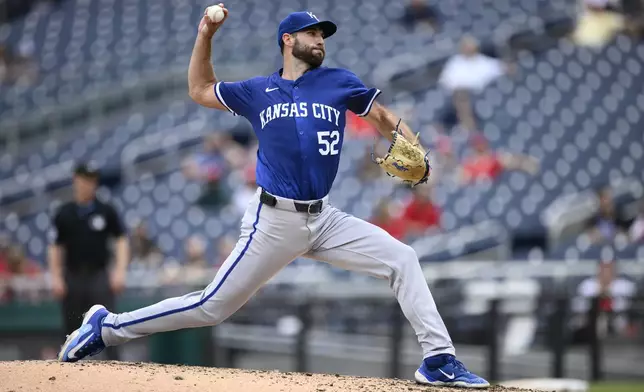 Kansas City Royals starting pitcher Michael Wacha throws during the third inning of a baseball game against the Washington Nationals, Thursday, Sept. 26, 2024, in Washington. (AP Photo/Nick Wass)