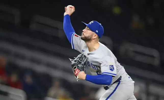 Kansas City Royals relief pitcher Lucas Erceg throws during the 10th inning of a baseball game against the Washington Nationals, Tuesday, Sept. 24, 2024, in Washington. (AP Photo/Nick Wass)