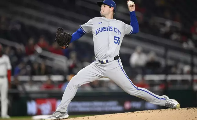 Kansas City Royals starting pitcher Cole Ragans throws during the third inning of a baseball game against the Washington Nationals, Tuesday, Sept. 24, 2024, in Washington. (AP Photo/Nick Wass)