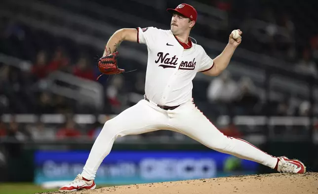 Washington Nationals starting pitcher Mitchell Parker throws during the fourth inning of a baseball game against the Kansas City Royals, Tuesday, Sept. 24, 2024, in Washington. (AP Photo/Nick Wass)