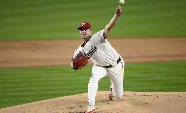 Washington Nationals starting pitcher Mitchell Parker throws during the second inning of a baseball game against the Kansas City Royals, Tuesday, Sept. 24, 2024, in Washington. (AP Photo/Nick Wass)